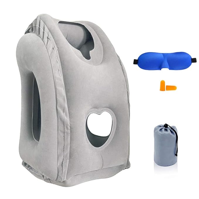 Inflatable UNIQUE Travel Pillow, Airplane Neck Pillow Comfortably Supports Head and Chin for Airplanes, Trains, Cars and Office Napping (Grey)