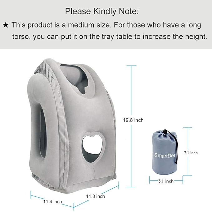 Inflatable UNIQUE Travel Pillow, Airplane Neck Pillow Comfortably Supports Head and Chin for Airplanes, Trains, Cars and Office Napping (Grey)