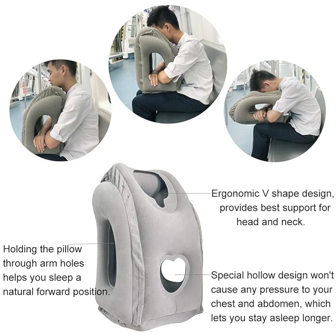 Inflatable UNIQUE Travel Pillow, Airplane Neck Pillow Comfortably Supports Head and Chin for Airplanes, Trains, Cars and Office Napping (Grey)