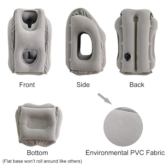 Inflatable UNIQUE Travel Pillow, Airplane Neck Pillow Comfortably Supports Head and Chin for Airplanes, Trains, Cars and Office Napping (Grey)