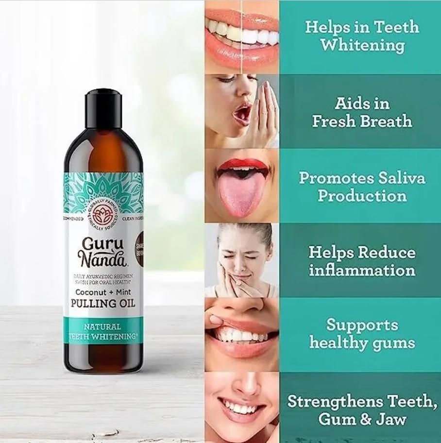 Guru Nanda Coconut & Mint Teeth Whitening Oil with Tongue Scraper 237ml