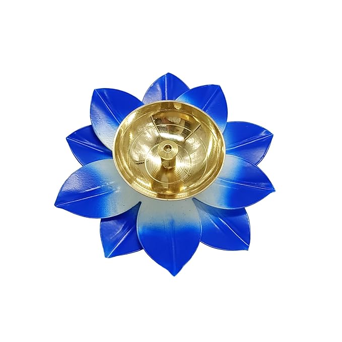 Brass Flower Shape Blue Oil Lamp Diya - BUY 1 GET 1 FREE