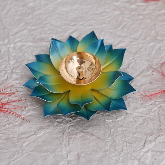 Brass Flower Shape Blue Oil Lamp Diya - BUY 1 GET 1 FREE