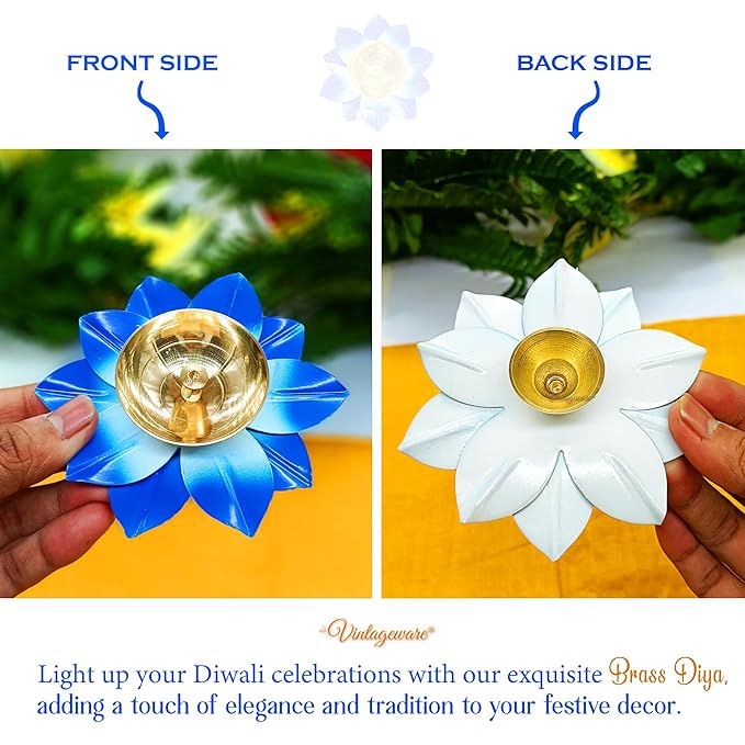 Brass Flower Shape Blue Oil Lamp Diya - BUY 1 GET 1 FREE